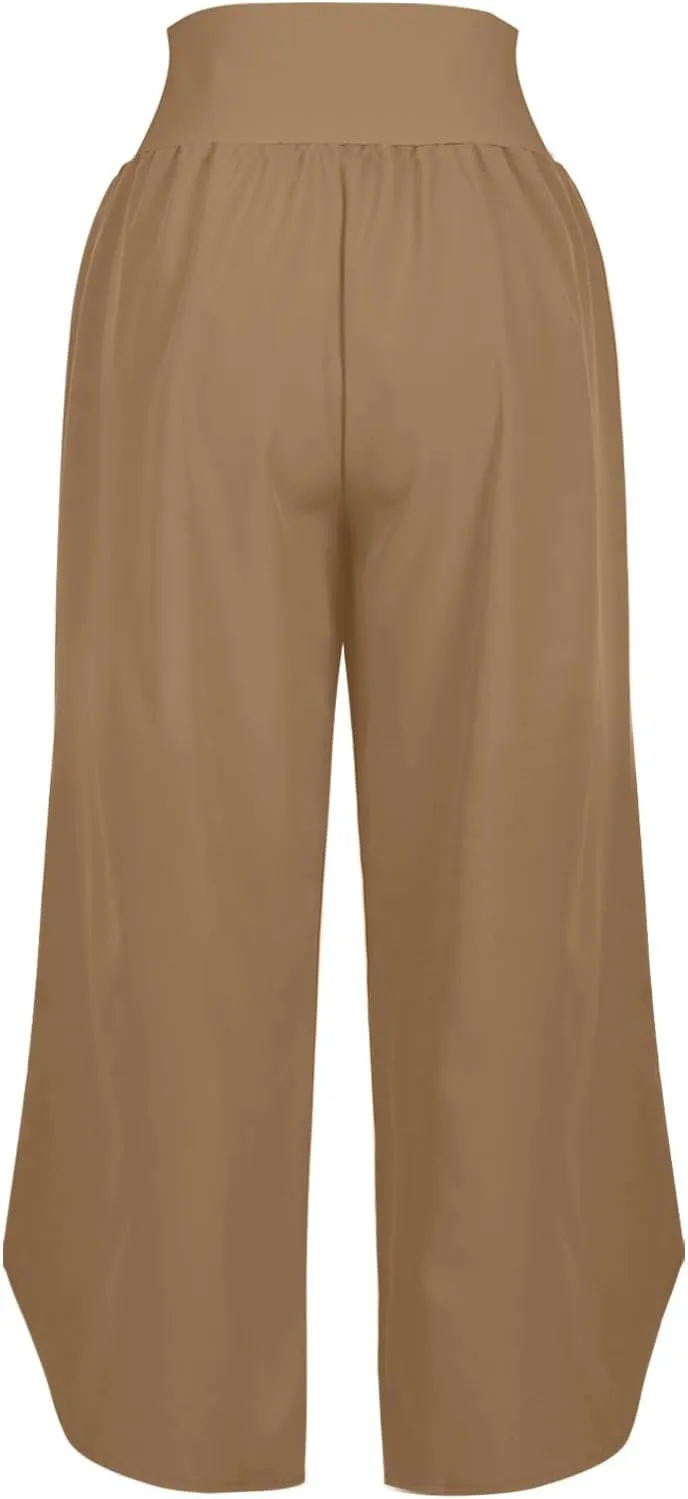 Crop Palazzo Pants for Women 2025 Summer Wide Leg Capris Yoga Pants Side Slit High Waist Capri Pants with Pockets