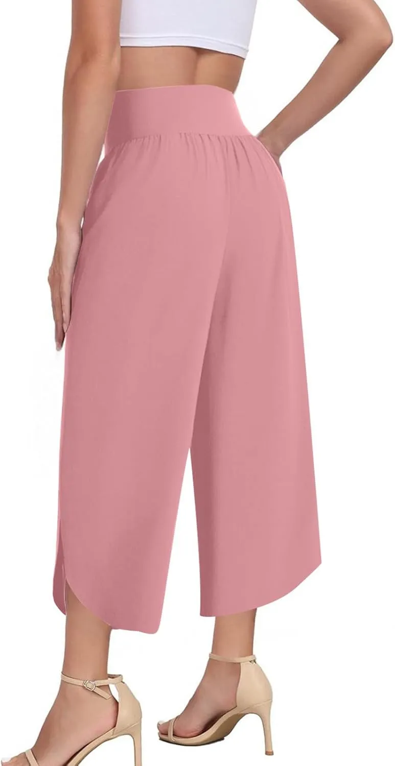 Crop Palazzo Pants for Women 2025 Summer Wide Leg Capris Yoga Pants Side Slit High Waist Capri Pants with Pockets