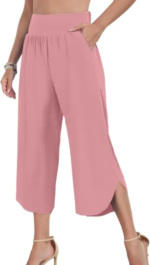 Crop Palazzo Pants for Women 2025 Summer Wide Leg Capris Yoga Pants Side Slit High Waist Capri Pants with Pockets