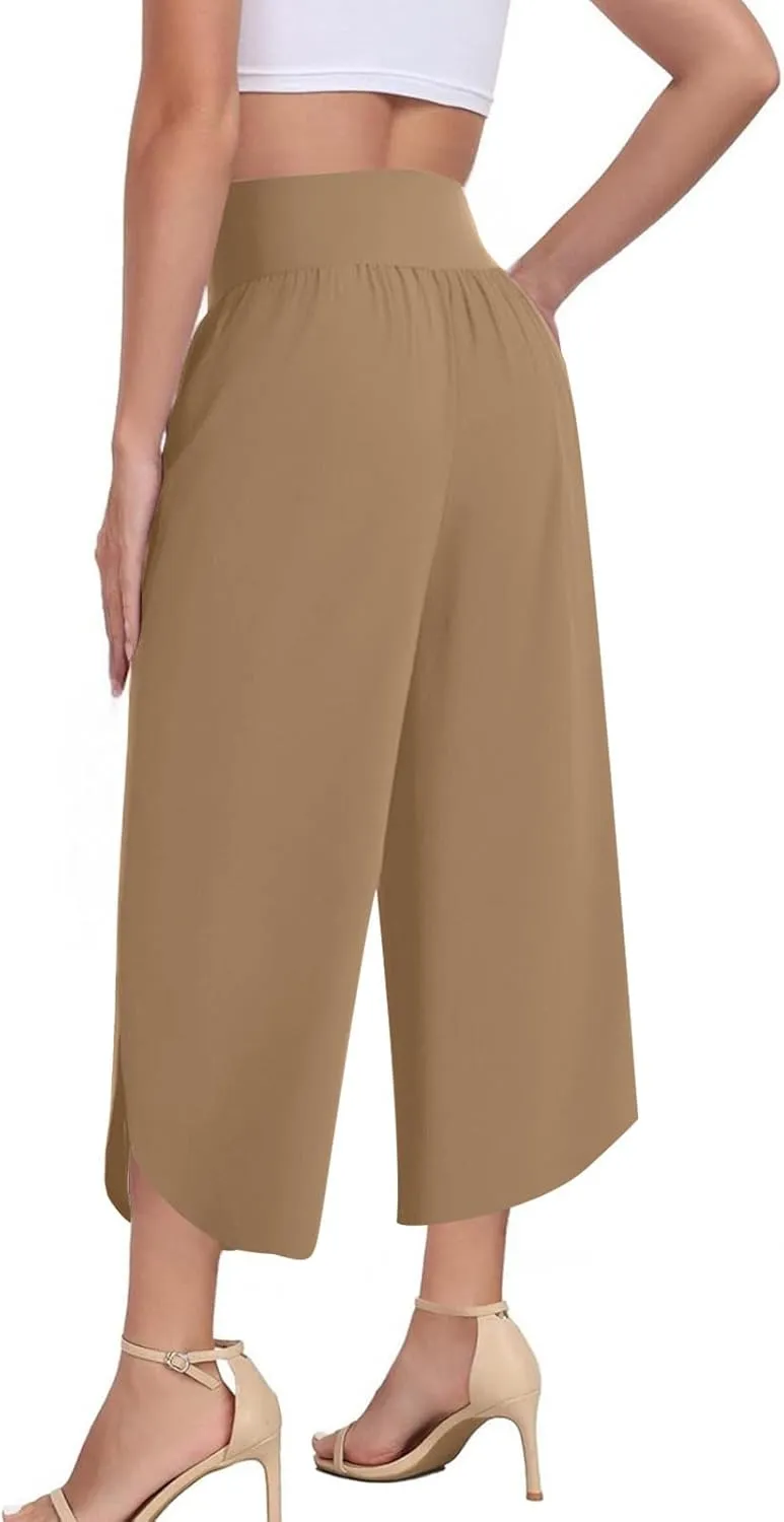 Crop Palazzo Pants for Women 2025 Summer Wide Leg Capris Yoga Pants Side Slit High Waist Capri Pants with Pockets