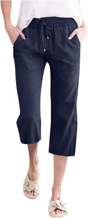 Cropped Linen Pants Women Petite Drawstring Elastic Waist Wide Leg Cropped Trousers 3/4 Length Pants with Pockets