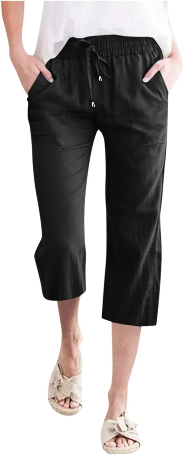 Cropped Linen Pants Women Petite Drawstring Elastic Waist Wide Leg Cropped Trousers 3/4 Length Pants with Pockets