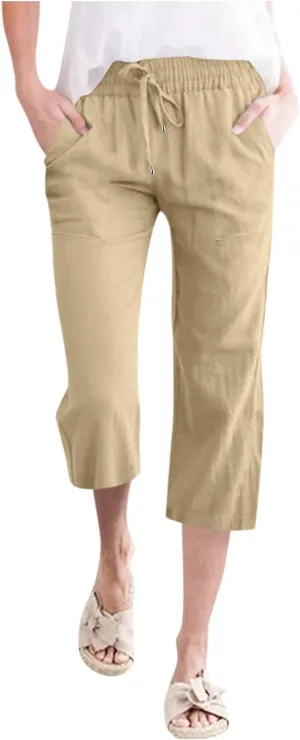 Cropped Linen Pants Women Petite Drawstring Elastic Waist Wide Leg Cropped Trousers 3/4 Length Pants with Pockets