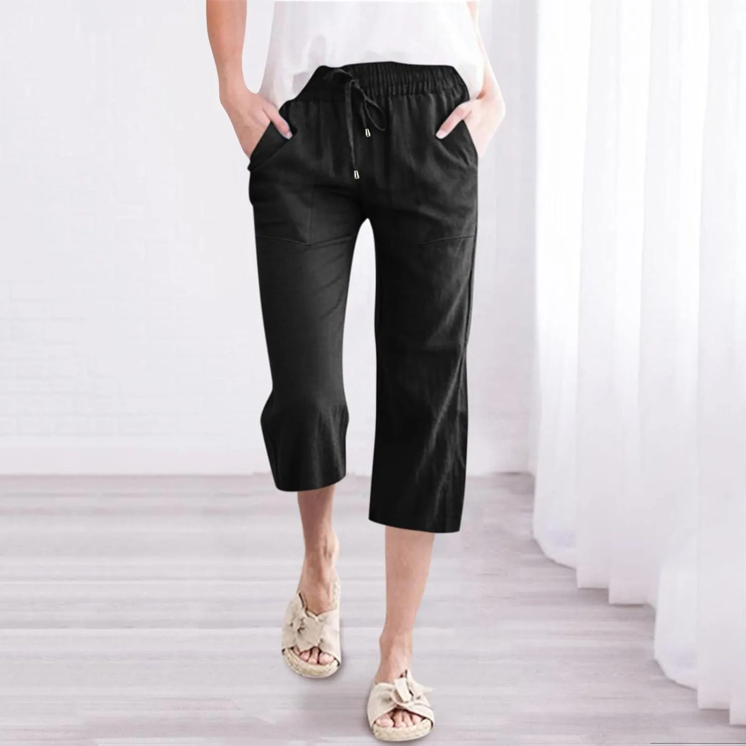 Cropped Linen Pants Women Petite Drawstring Elastic Waist Wide Leg Cropped Trousers 3/4 Length Pants with Pockets