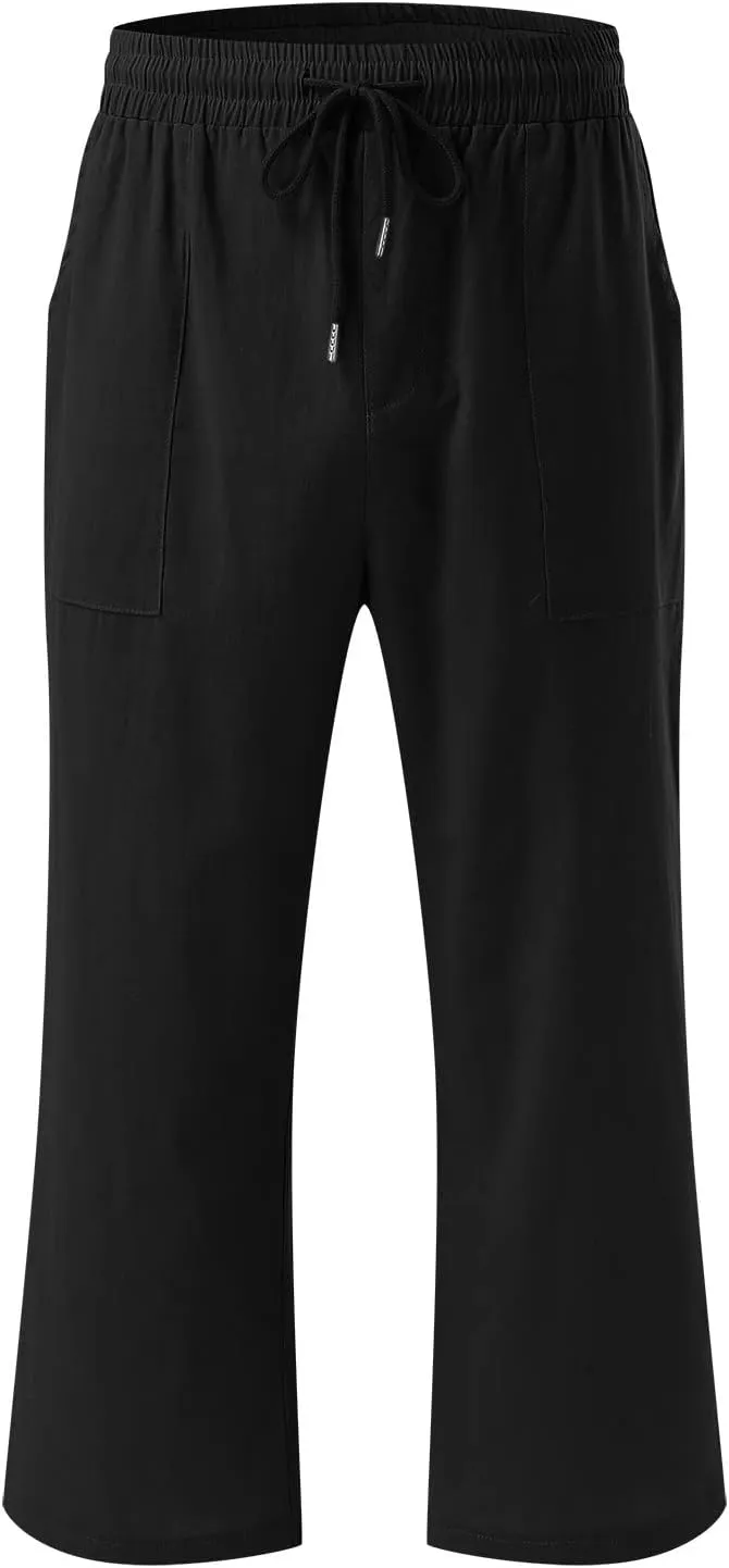 Cropped Linen Pants Women Petite Drawstring Elastic Waist Wide Leg Cropped Trousers 3/4 Length Pants with Pockets