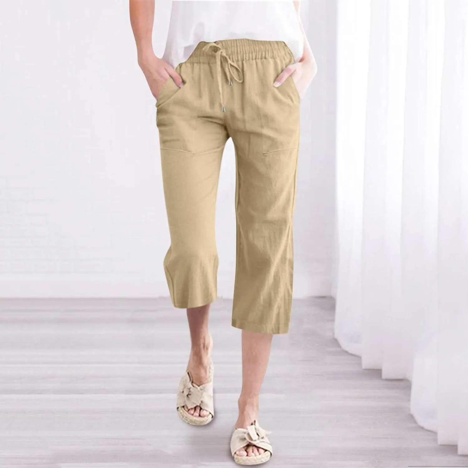 Cropped Linen Pants Women Petite Drawstring Elastic Waist Wide Leg Cropped Trousers 3/4 Length Pants with Pockets