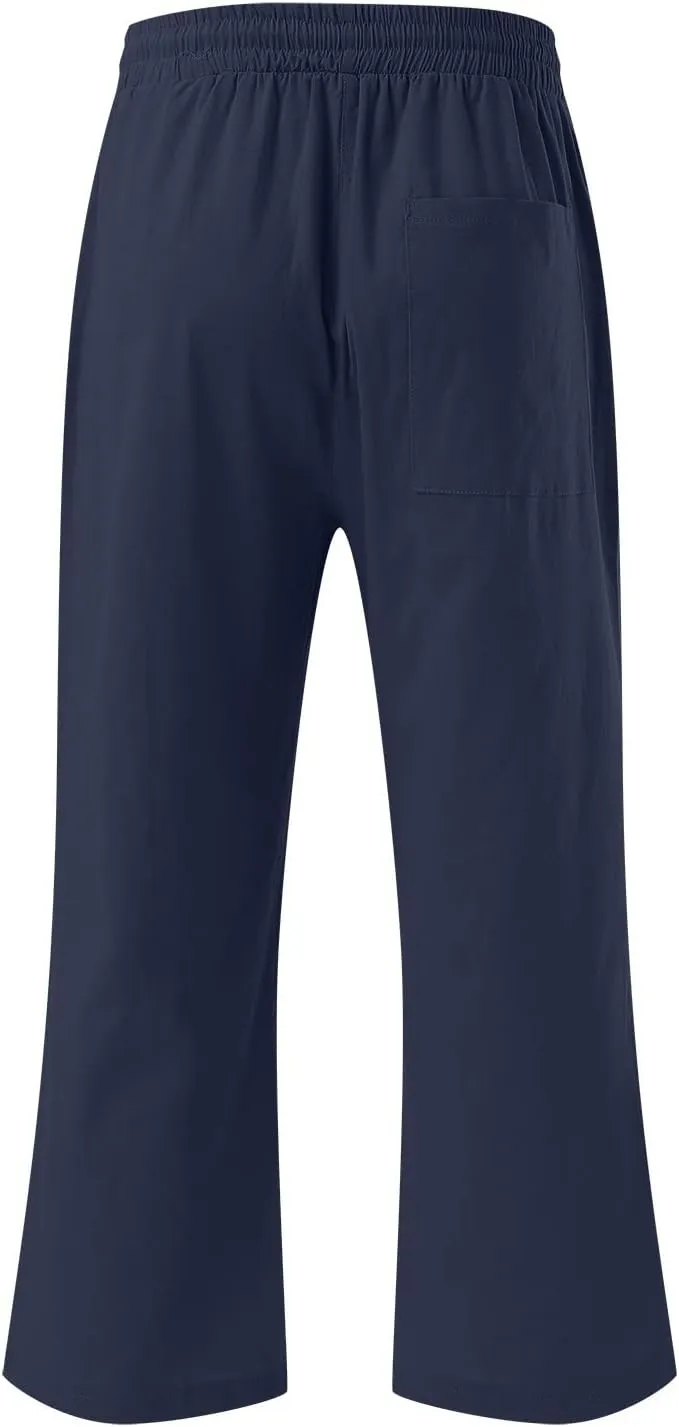 Cropped Linen Pants Women Petite Drawstring Elastic Waist Wide Leg Cropped Trousers 3/4 Length Pants with Pockets
