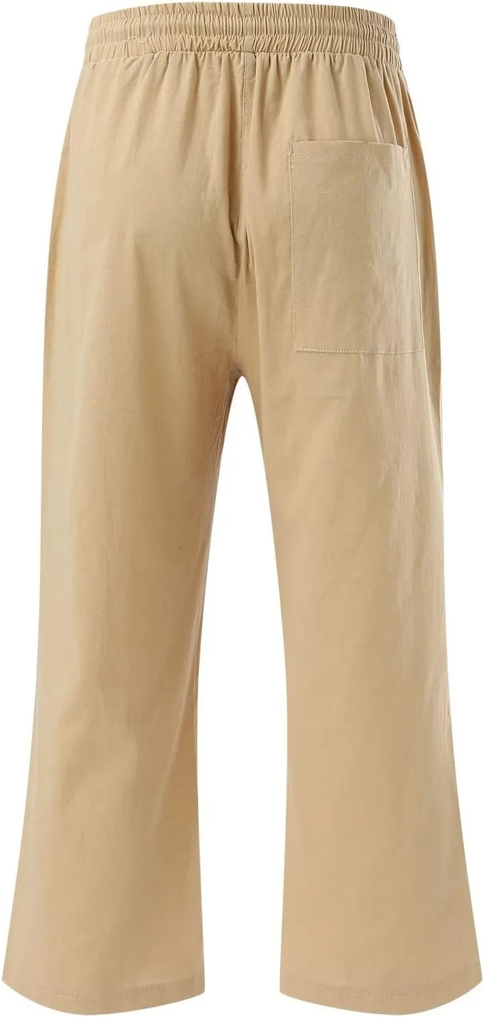 Cropped Linen Pants Women Petite Drawstring Elastic Waist Wide Leg Cropped Trousers 3/4 Length Pants with Pockets
