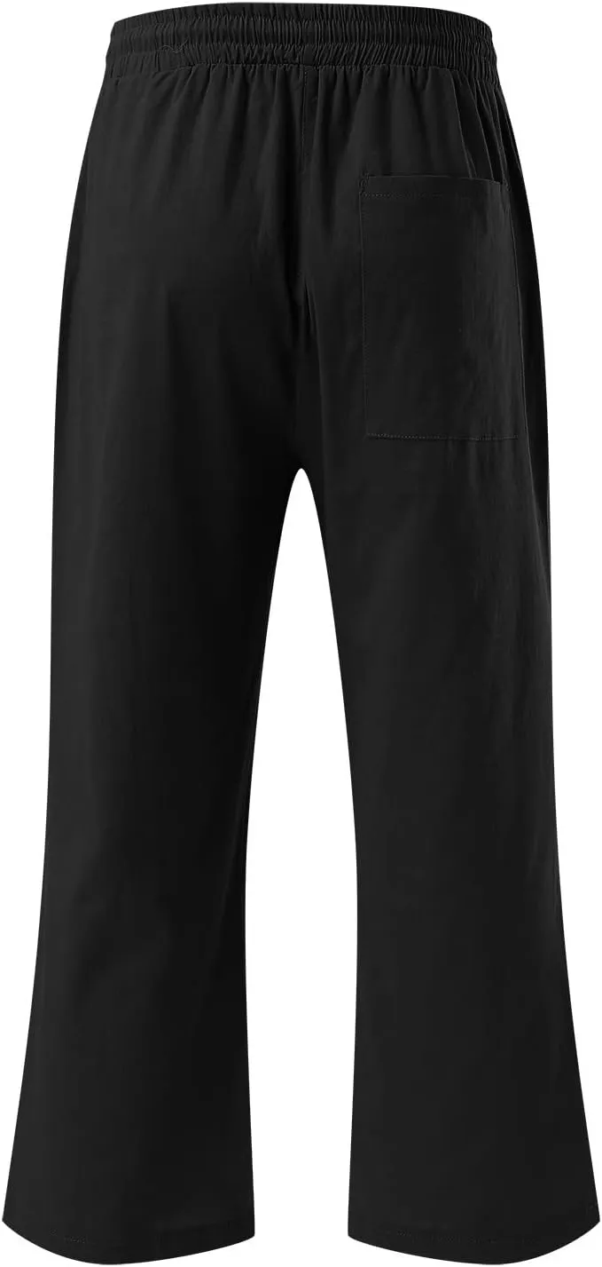Cropped Linen Pants Women Petite Drawstring Elastic Waist Wide Leg Cropped Trousers 3/4 Length Pants with Pockets