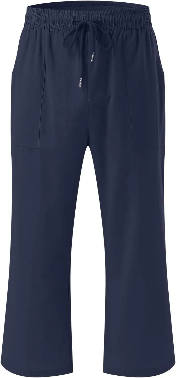 Cropped Linen Pants Women Petite Drawstring Elastic Waist Wide Leg Cropped Trousers 3/4 Length Pants with Pockets