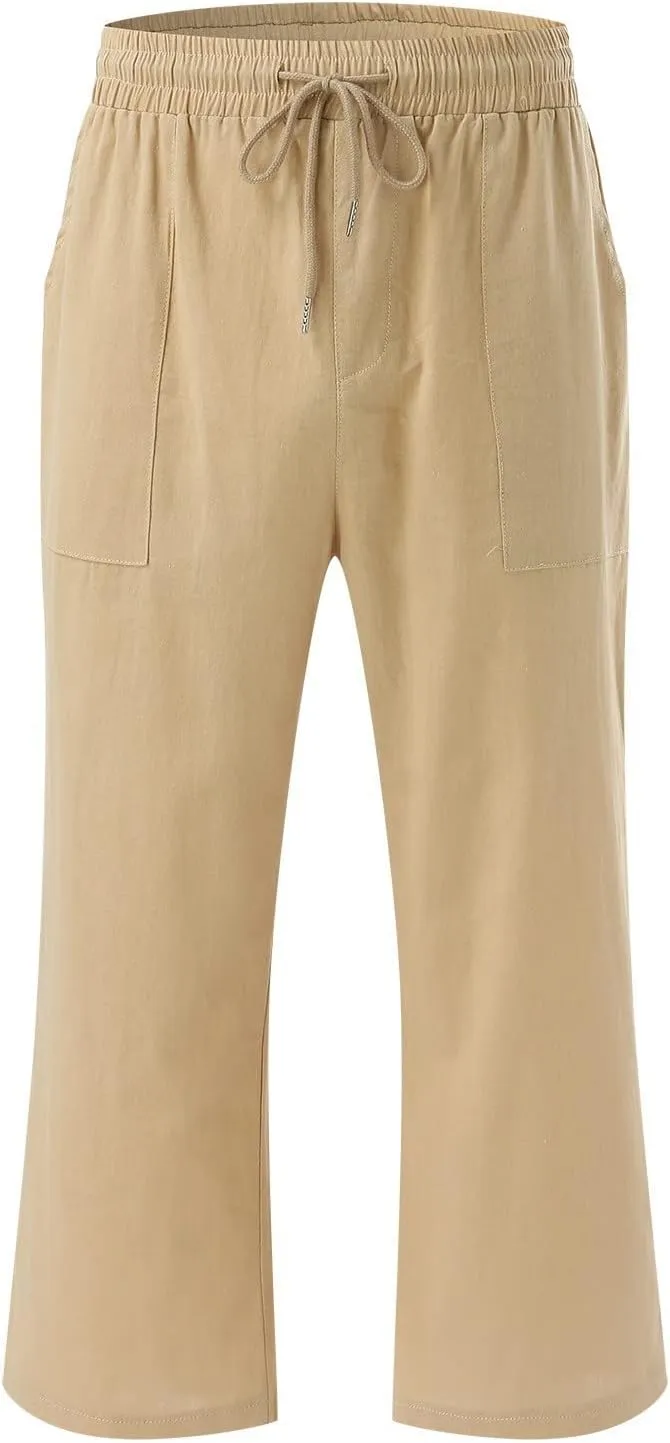 Cropped Linen Pants Women Petite Drawstring Elastic Waist Wide Leg Cropped Trousers 3/4 Length Pants with Pockets