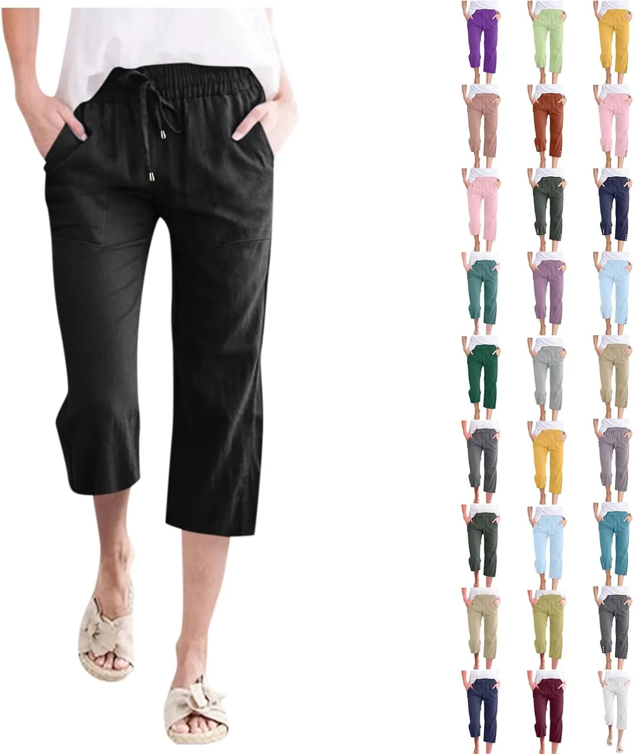 Cropped Linen Pants Women Petite Drawstring Elastic Waist Wide Leg Cropped Trousers 3/4 Length Pants with Pockets