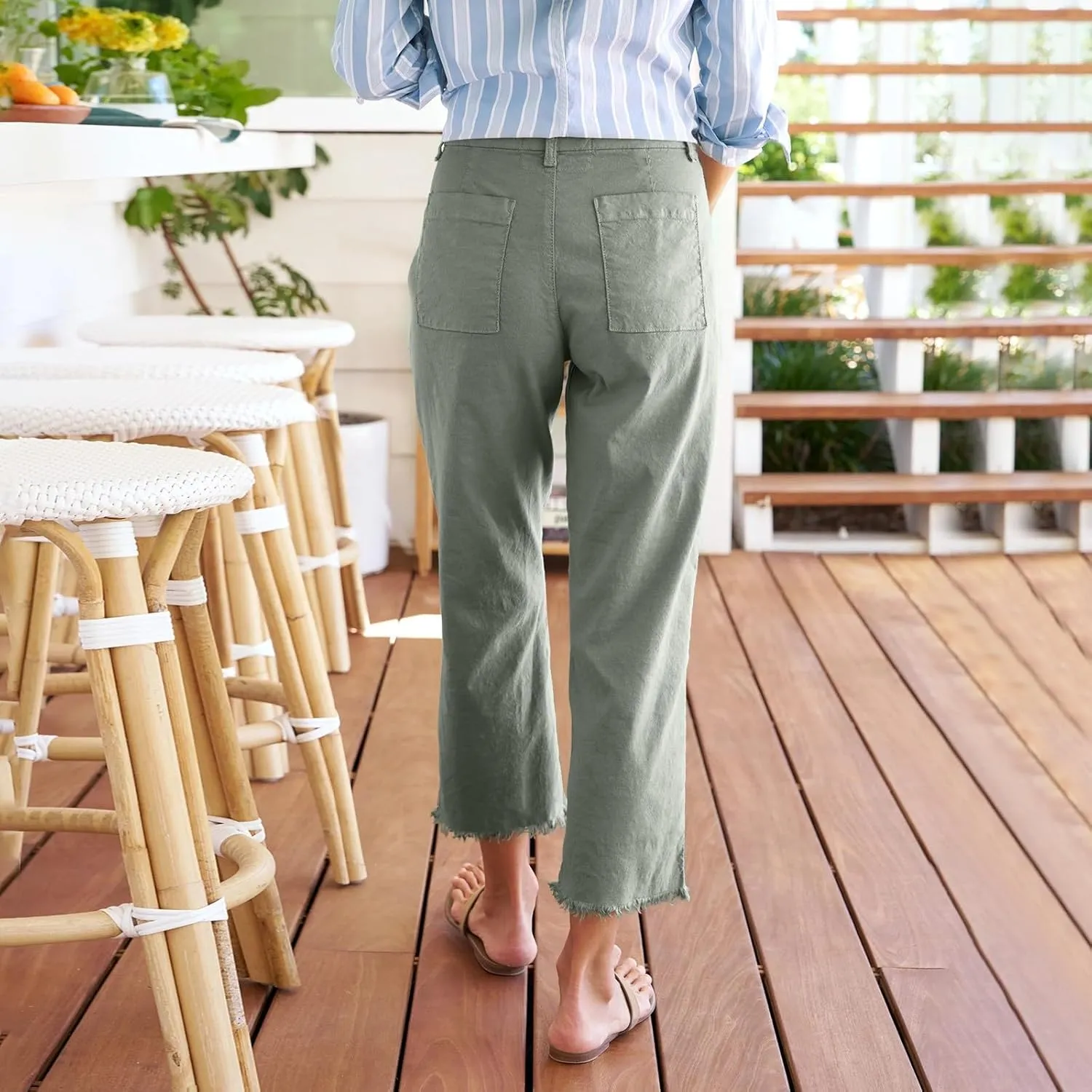 Cropped Linen Pants Women Straight Leg Pull On Work Pants Business Casual High Waisted Dress Pants Office Ankle Pants
