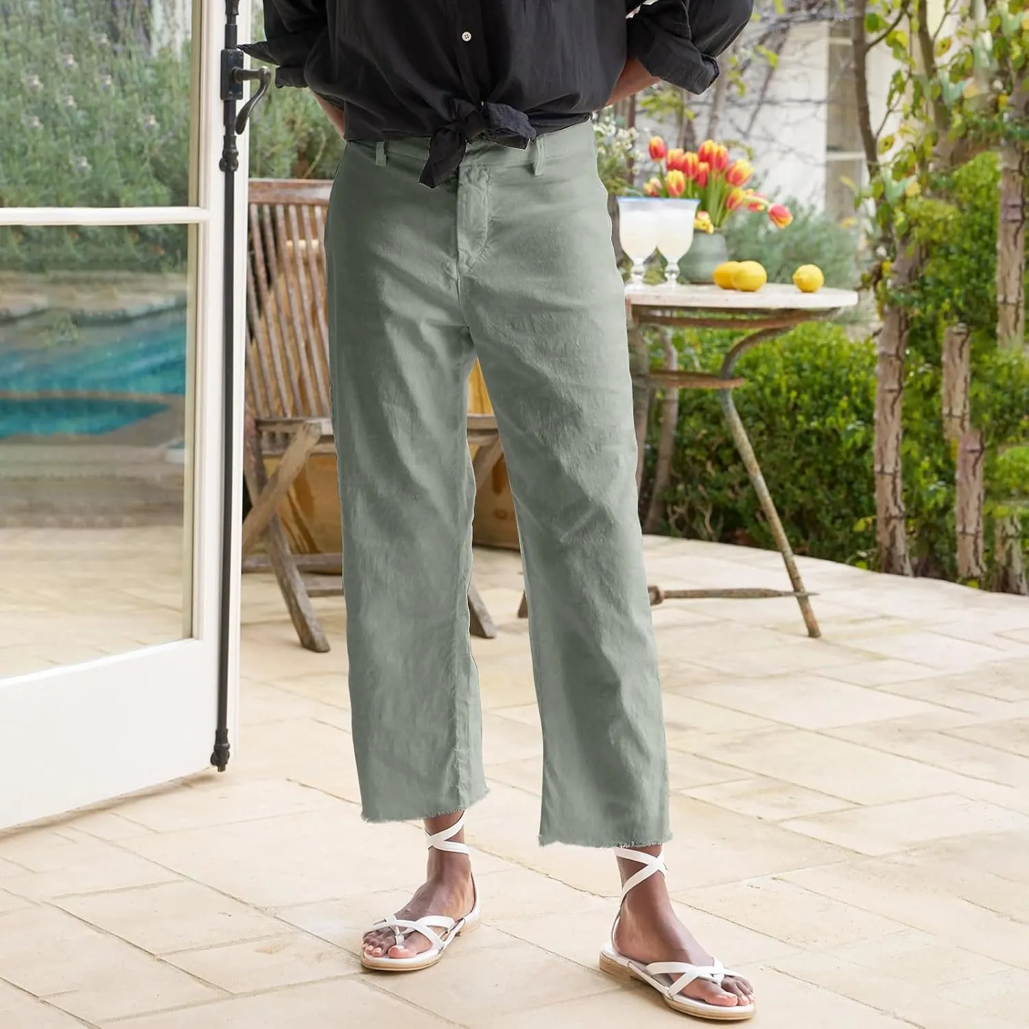 Cropped Linen Pants Women Straight Leg Pull On Work Pants Business Casual High Waisted Dress Pants Office Ankle Pants