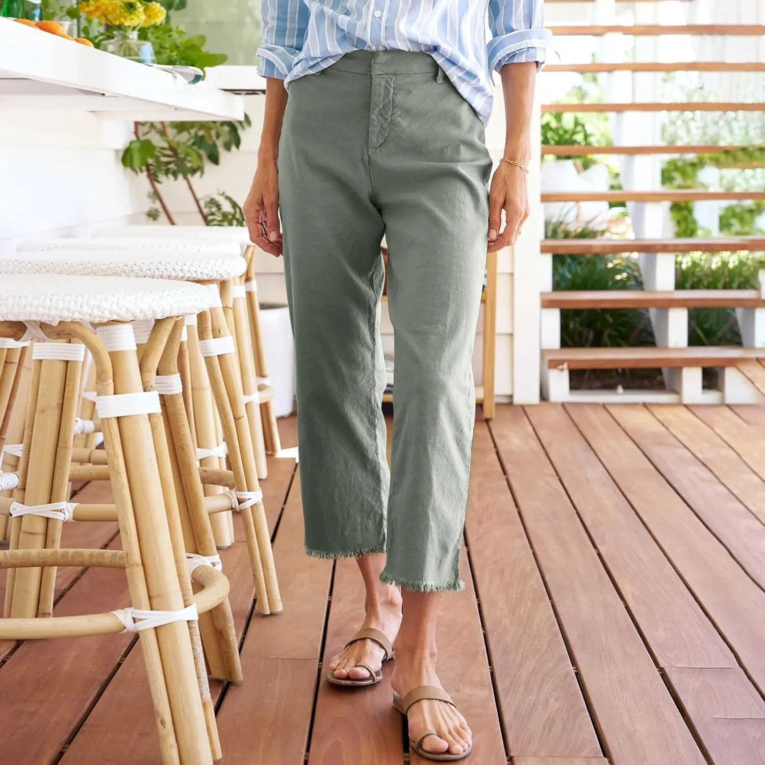 Cropped Linen Pants Women Straight Leg Pull On Work Pants Business Casual High Waisted Dress Pants Office Ankle Pants