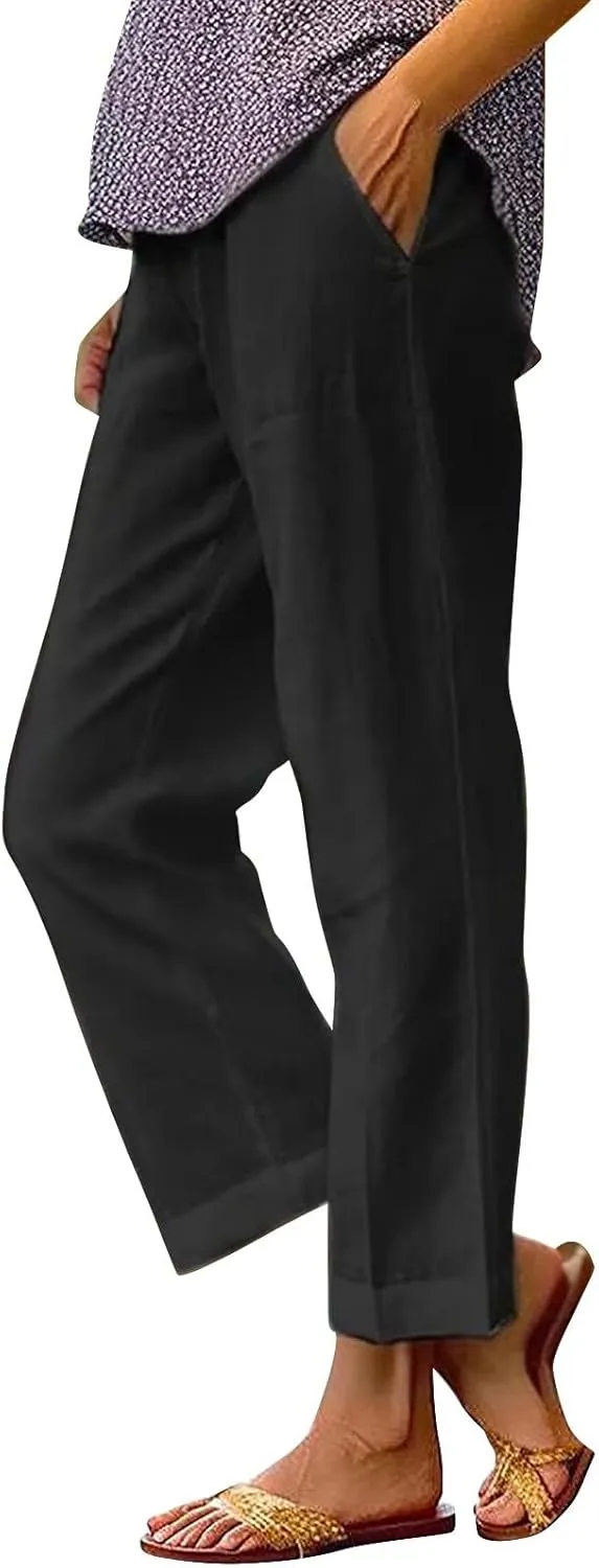Cropped Linen Pants Women Summer Elastic Waist Straight Leg Capris Plus Size Casual Beach Cropped Pants with Pockets
