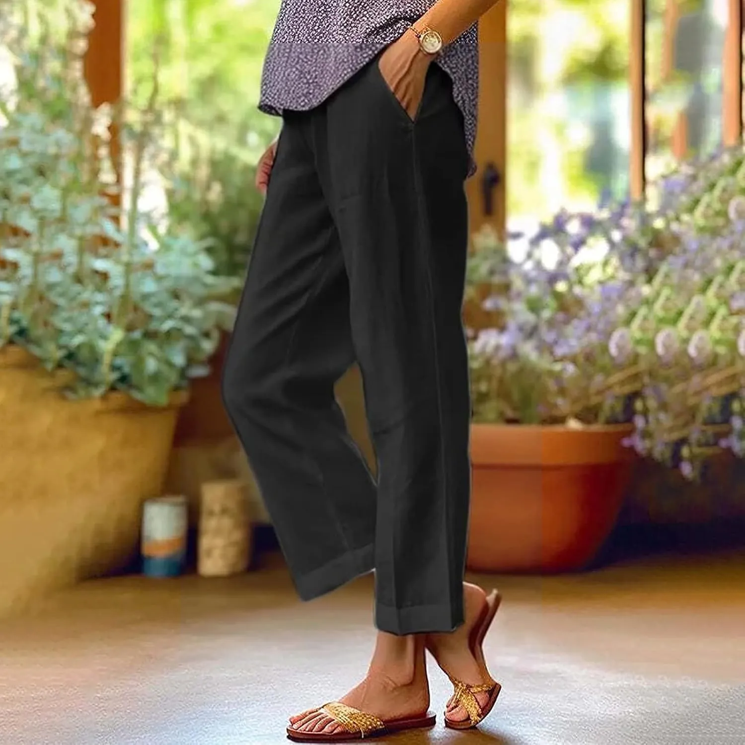 Cropped Linen Pants Women Summer Elastic Waist Straight Leg Capris Plus Size Casual Beach Cropped Pants with Pockets