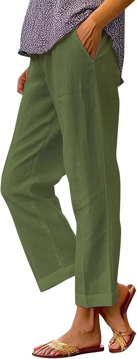 Cropped Linen Pants Women Summer Elastic Waist Straight Leg Capris Plus Size Casual Beach Cropped Pants with Pockets