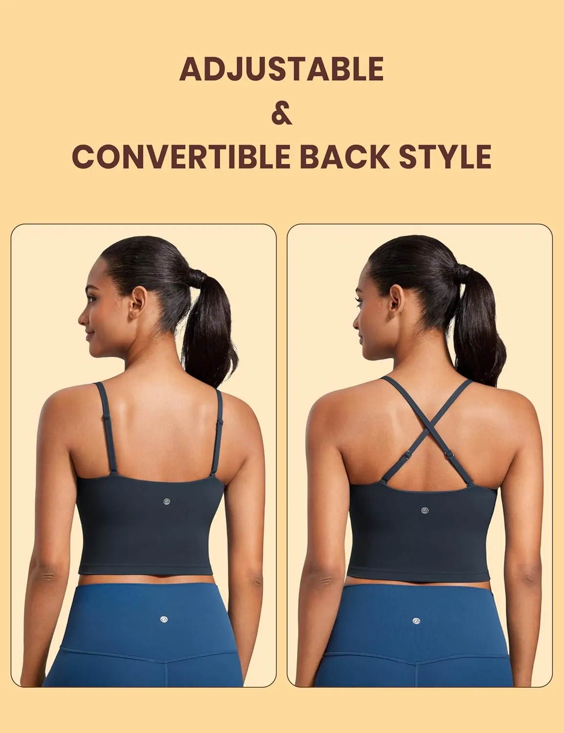 CRZ YOGA Butterluxe Cami Longline Sports Bras for Women - Square Neck Adjustable Padded Workout Crop Tank Top Camisole