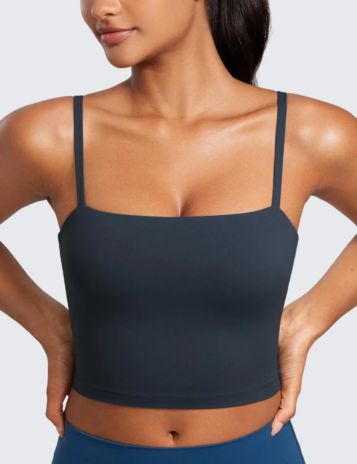 CRZ YOGA Butterluxe Cami Longline Sports Bras for Women - Square Neck Adjustable Padded Workout Crop Tank Top Camisole