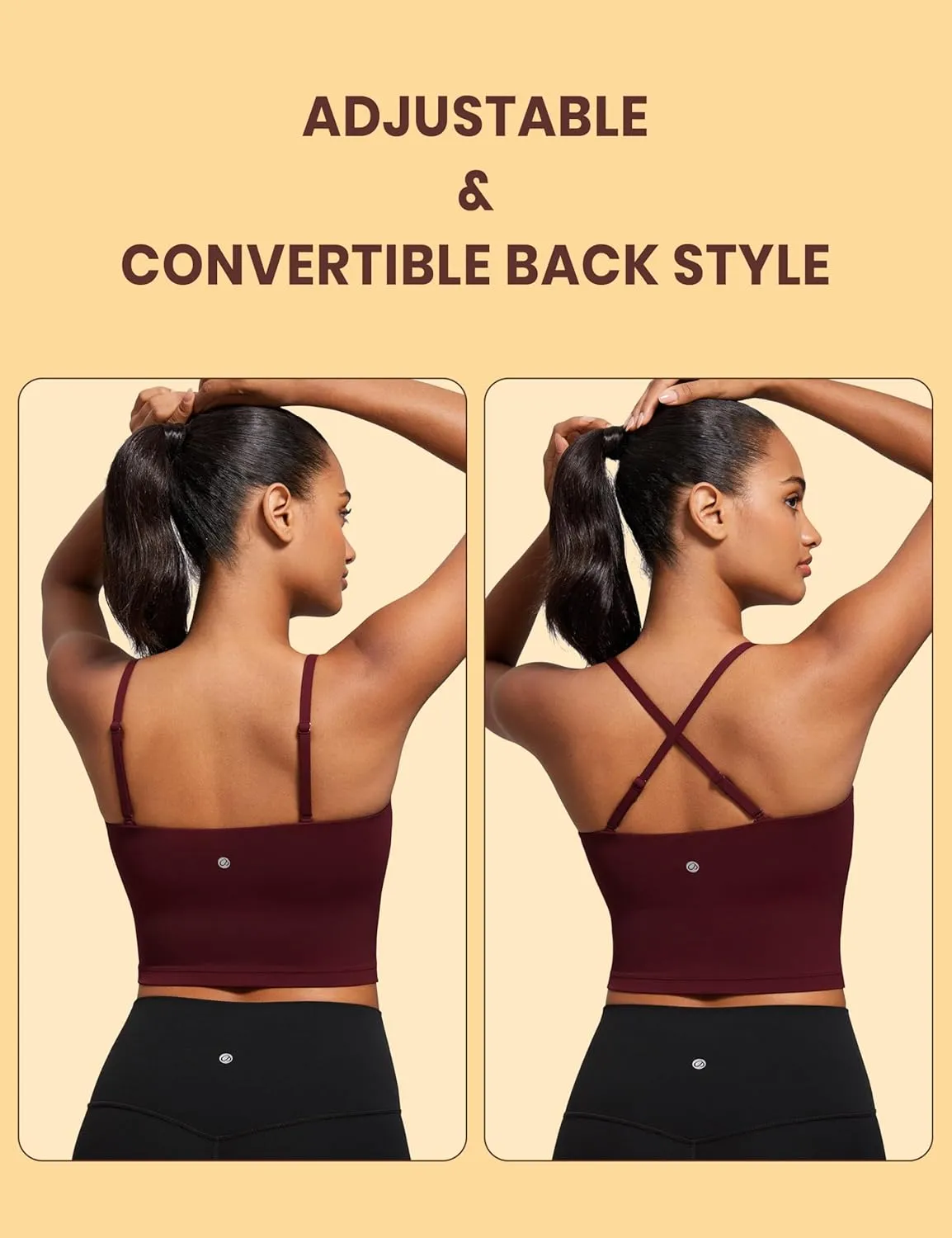 CRZ YOGA Butterluxe Cami Longline Sports Bras for Women - Square Neck Adjustable Padded Workout Crop Tank Top Camisole