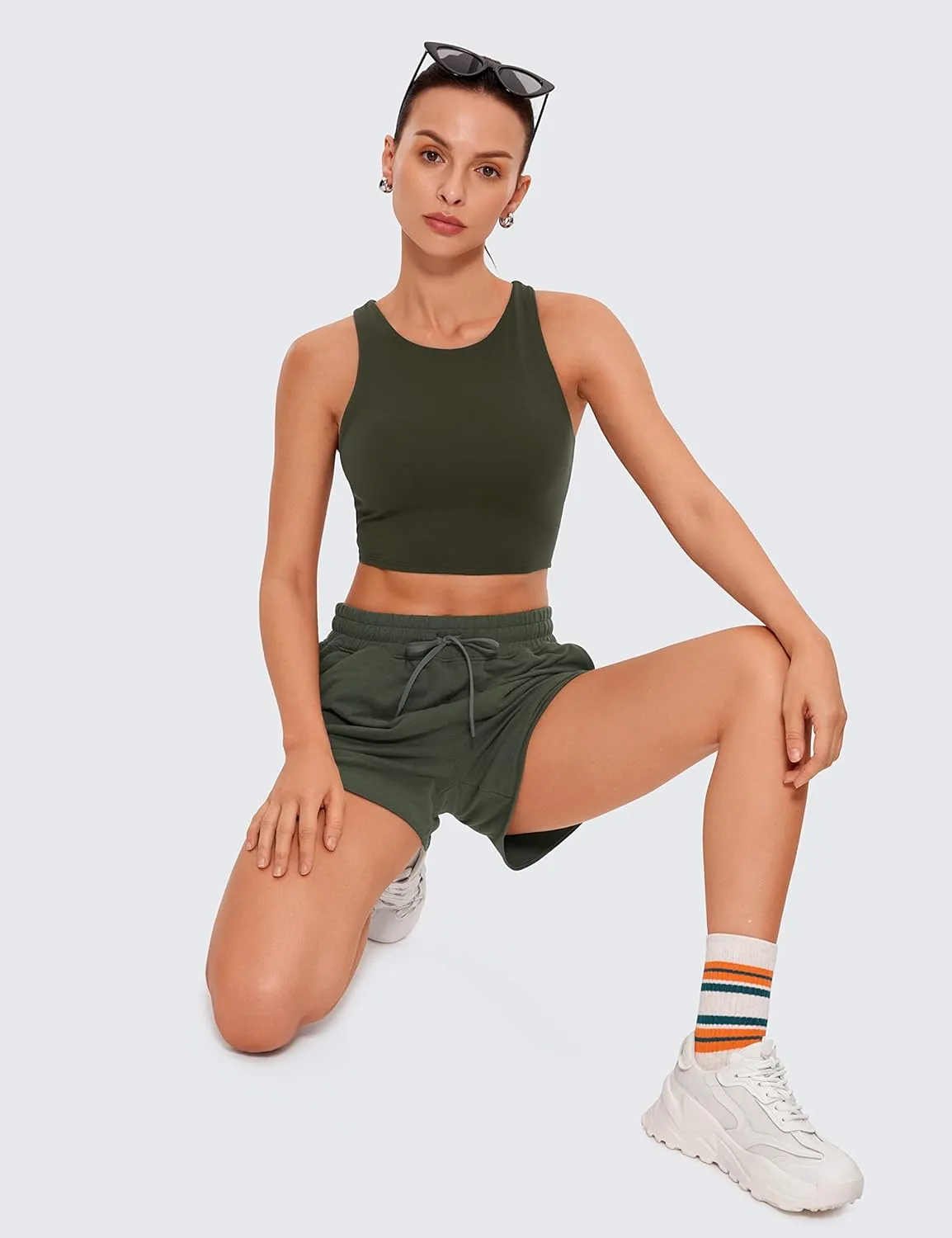 CRZ YOGA Butterluxe Racerback Longline Sports Bras for Women - High Neck Padded Crop Workout Tank Top with Built in Pads