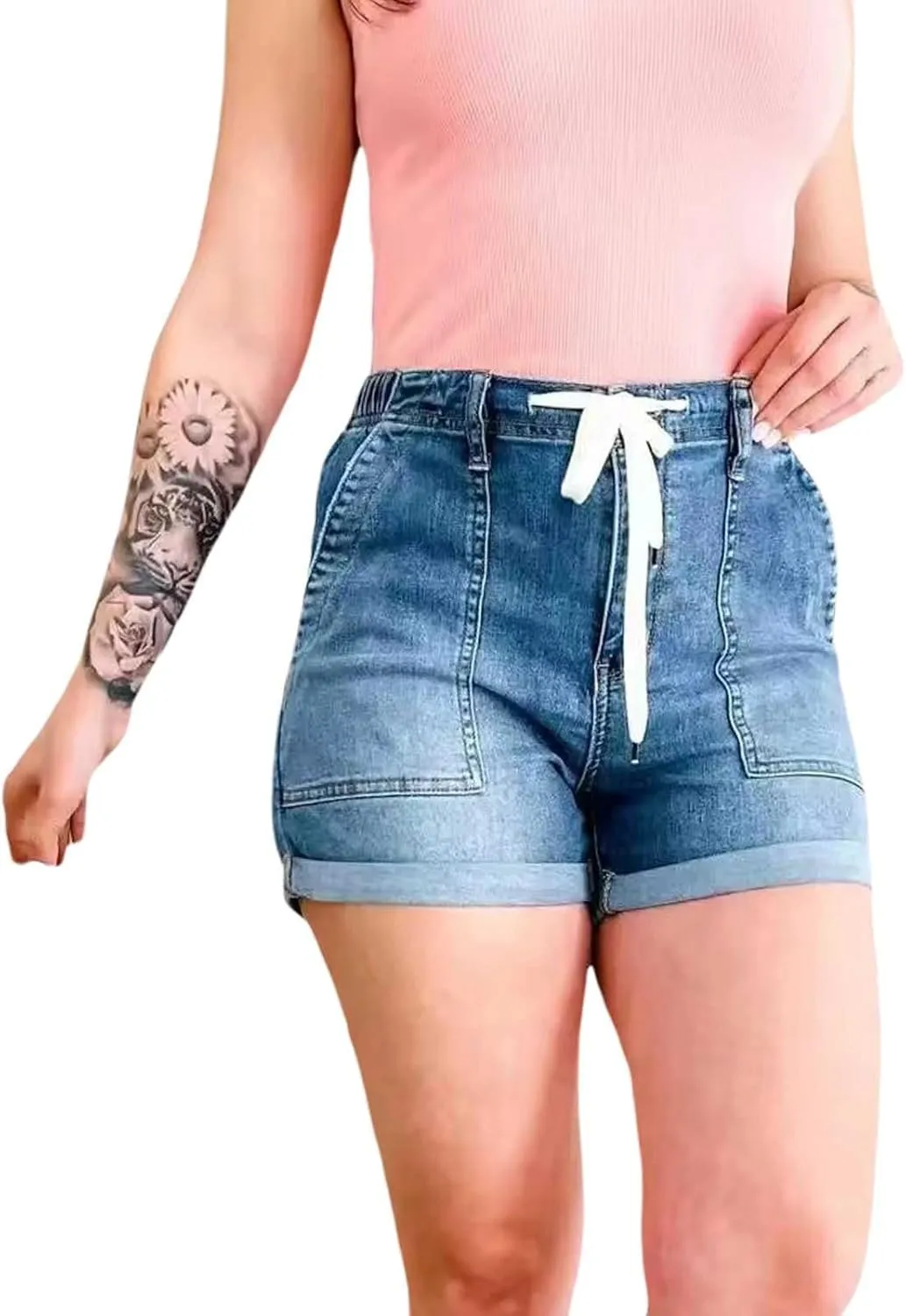 Distressed Jean Shorts Women Drawstring High Waisted Fashion Cargo Denim Shorts Casual Plus Size Loose Summer Shorts