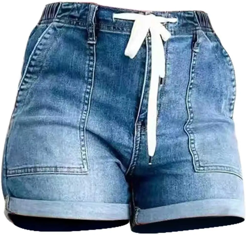 Distressed Jean Shorts Women Drawstring High Waisted Fashion Cargo Denim Shorts Casual Plus Size Loose Summer Shorts