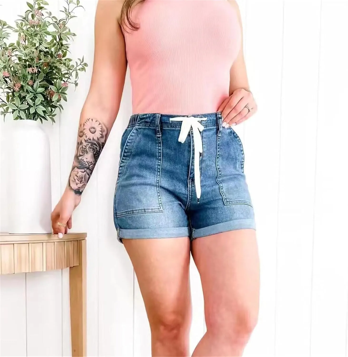 Distressed Jean Shorts Women Drawstring High Waisted Fashion Cargo Denim Shorts Casual Plus Size Loose Summer Shorts