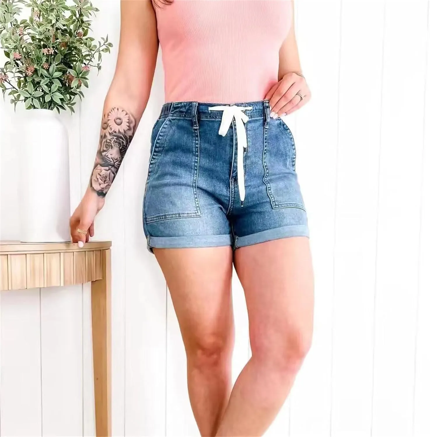 Distressed Jean Shorts Women Drawstring High Waisted Fashion Cargo Denim Shorts Casual Plus Size Loose Summer Shorts