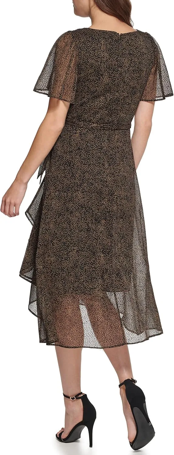 DKNY womens Flutter Sleeve Side Ruched Faux Wrap Dress