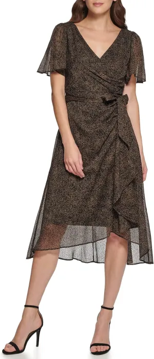 DKNY womens Flutter Sleeve Side Ruched Faux Wrap Dress
