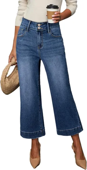 Dokotoo Womens Summer Jeans High Waisted Wide Leg Baggy Jeans for Women Stretch Denim Pants
