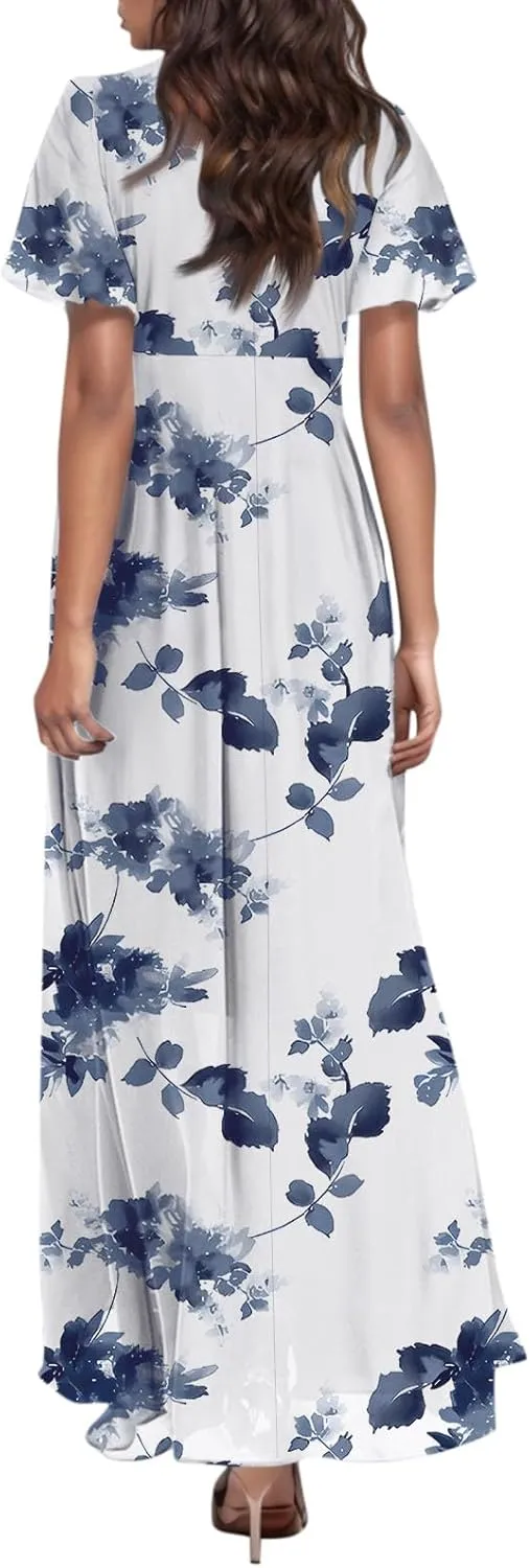 Dresses for Church Women 2025 Maxi Dress Summer Wrap Floral Ruffle Sleeve Chiffon Wedding Dress Boho