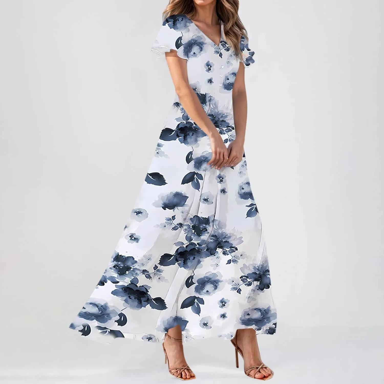 Dresses for Church Women 2025 Maxi Dress Summer Wrap Floral Ruffle Sleeve Chiffon Wedding Dress Boho