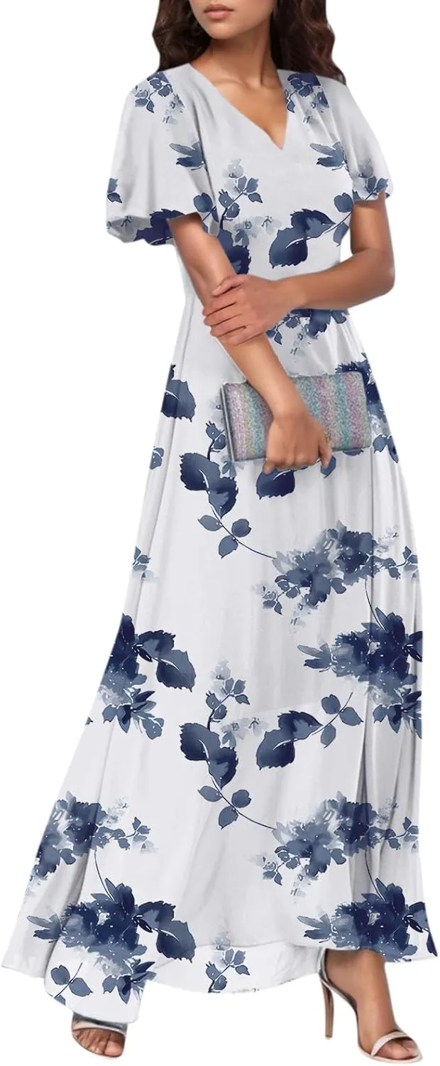 Dresses for Church Women 2025 Maxi Dress Summer Wrap Floral Ruffle Sleeve Chiffon Wedding Dress Boho