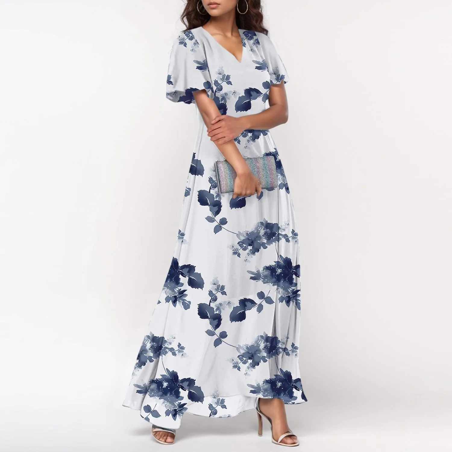 Dresses for Church Women 2025 Maxi Dress Summer Wrap Floral Ruffle Sleeve Chiffon Wedding Dress Boho