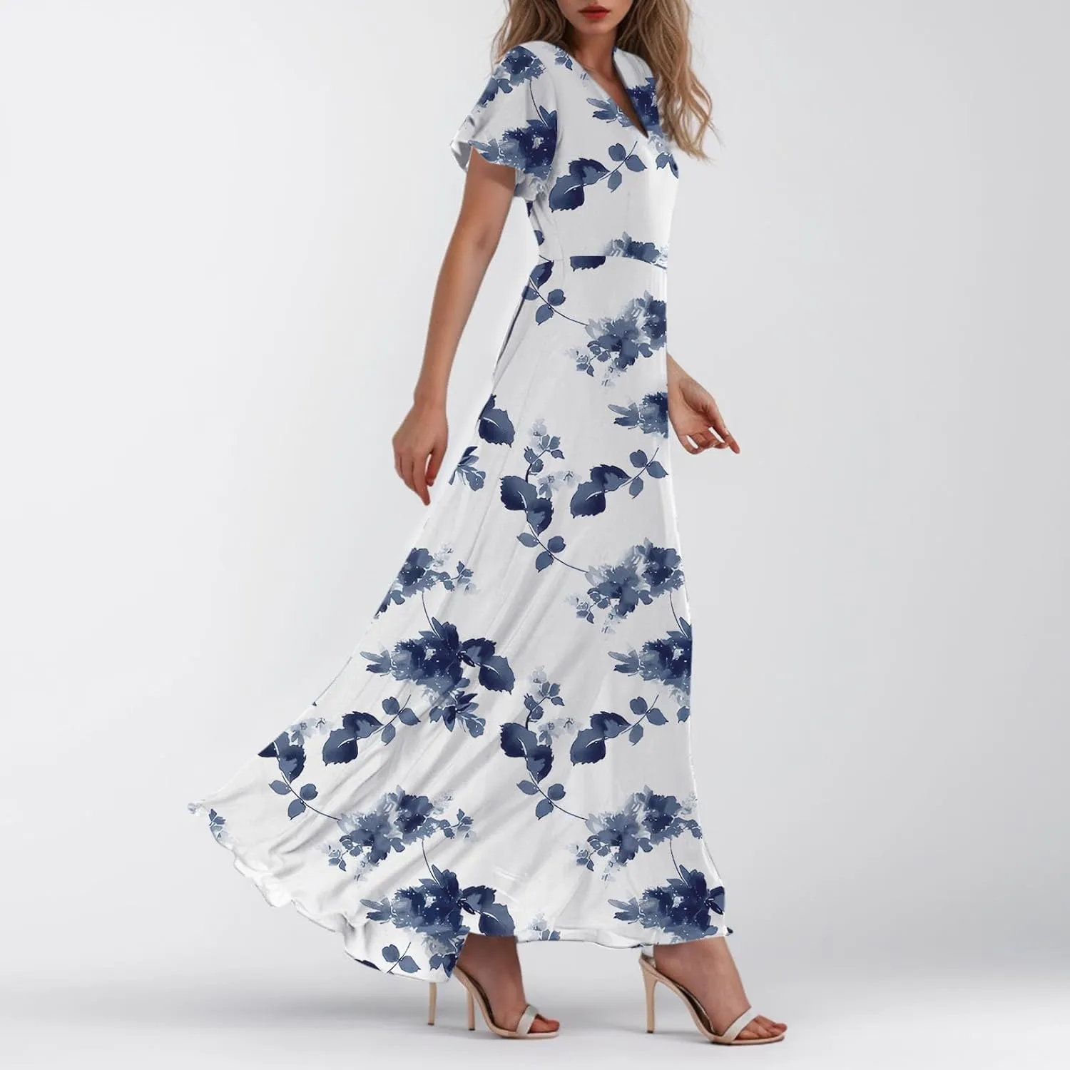 Dresses for Church Women 2025 Maxi Dress Summer Wrap Floral Ruffle Sleeve Chiffon Wedding Dress Boho