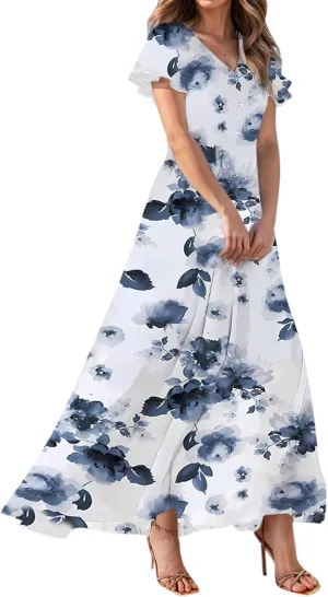 Dresses for Church Women 2025 Maxi Dress Summer Wrap Floral Ruffle Sleeve Chiffon Wedding Dress Boho