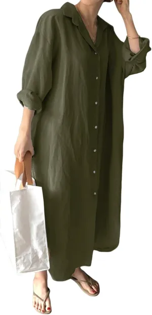 Dresses for Women 2025 Casual Long Sleeve Cotton Blouse Dress Button Down Shirt Maxi Dresses Side Slit Shift Dress
