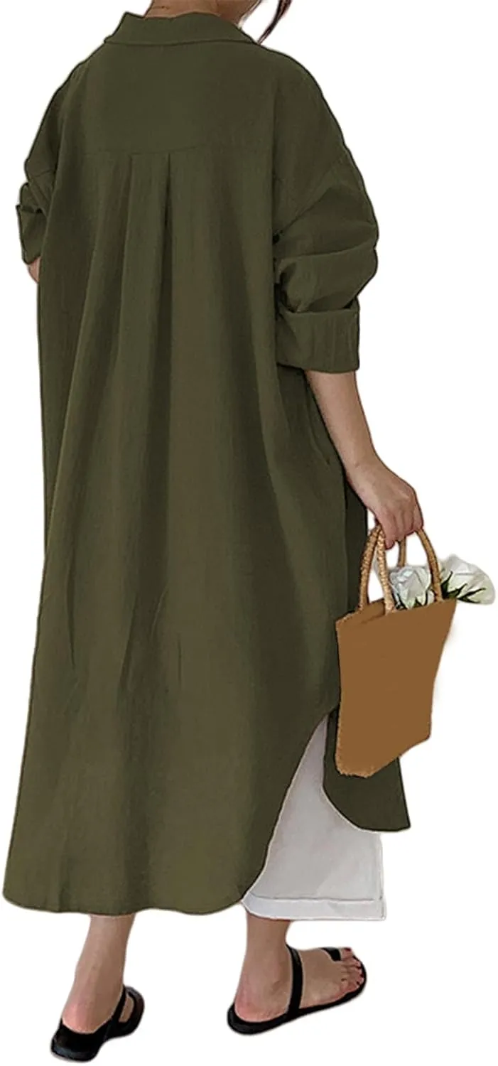 Dresses for Women 2025 Casual Long Sleeve Cotton Blouse Dress Button Down Shirt Maxi Dresses Side Slit Shift Dress
