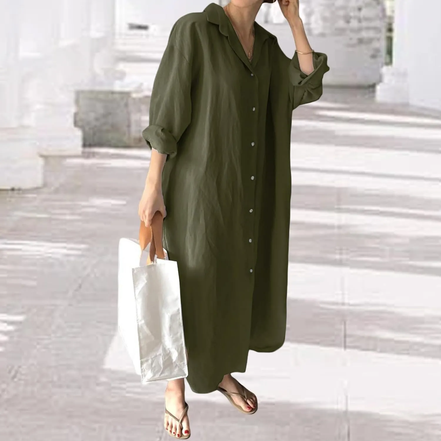 Dresses for Women 2025 Casual Long Sleeve Cotton Blouse Dress Button Down Shirt Maxi Dresses Side Slit Shift Dress