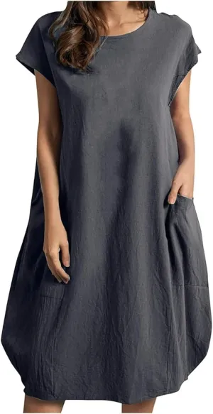Dresses for Women Ctton Linen Short Sleeve Crew Neck Midi Dress Oversized Dress Loose Casual Baggy Dresses Summer