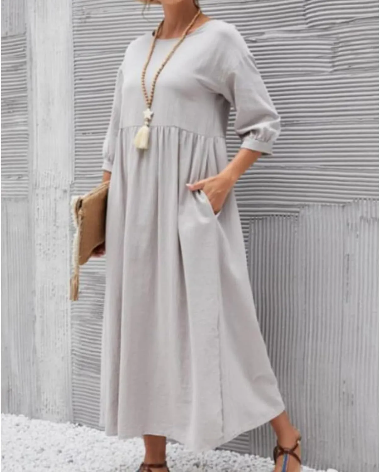 Dresses for Women Summer Cotton Linen 3/4 Sleeve Crewneck Ruffle Dress Loose Fit Casual Dresses with Pocket 2025