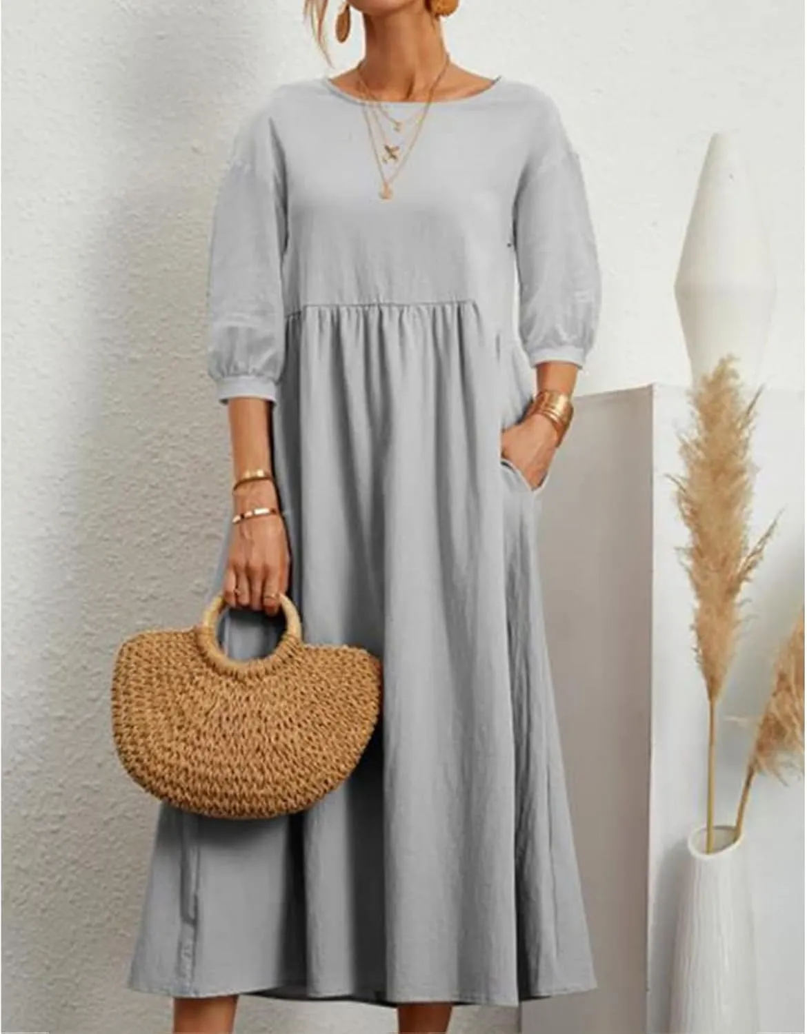 Dresses for Women Summer Cotton Linen 3/4 Sleeve Crewneck Ruffle Dress Loose Fit Casual Dresses with Pocket 2025