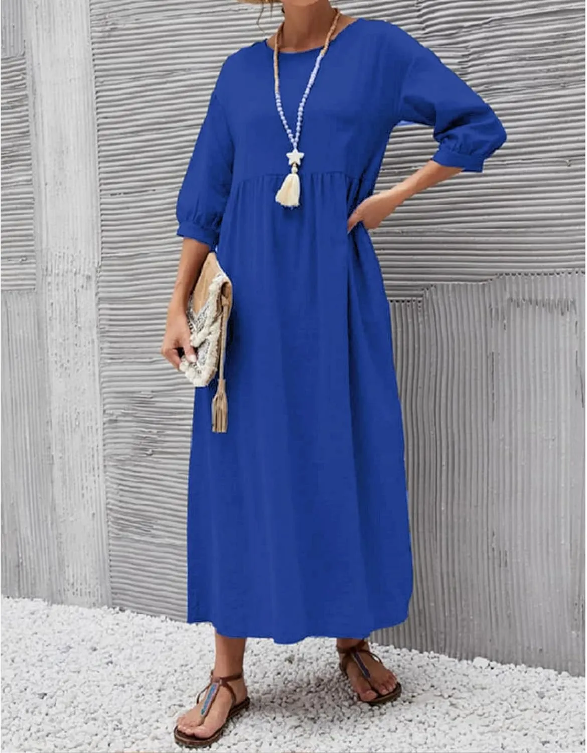 Dresses for Women Summer Cotton Linen 3/4 Sleeve Crewneck Ruffle Dress Loose Fit Casual Dresses with Pocket 2025