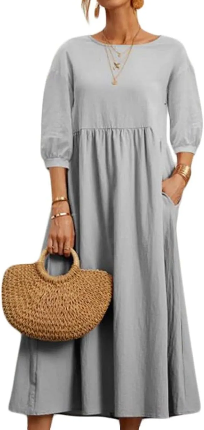 Dresses for Women Summer Cotton Linen 3/4 Sleeve Crewneck Ruffle Dress Loose Fit Casual Dresses with Pocket 2025