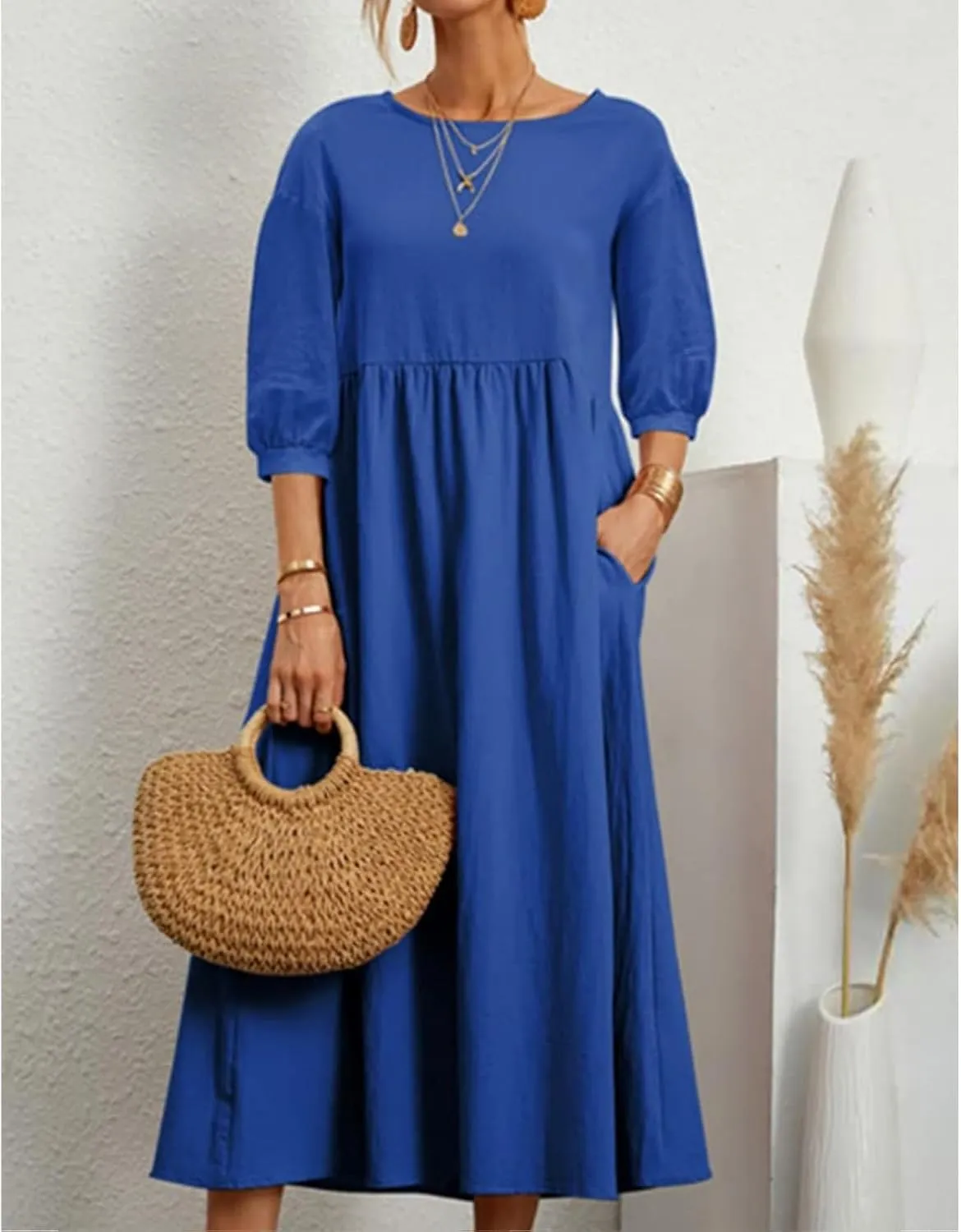 Dresses for Women Summer Cotton Linen 3/4 Sleeve Crewneck Ruffle Dress Loose Fit Casual Dresses with Pocket 2025
