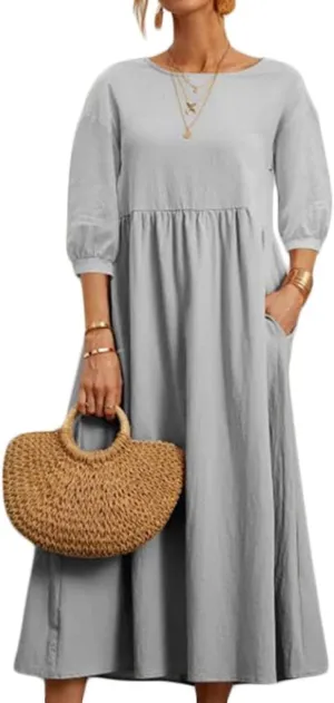 Dresses for Women Summer Cotton Linen 3/4 Sleeve Crewneck Ruffle Dress Loose Fit Casual Dresses with Pocket 2025