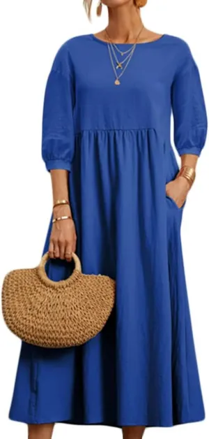 Dresses for Women Summer Cotton Linen 3/4 Sleeve Crewneck Ruffle Dress Loose Fit Casual Dresses with Pocket 2025